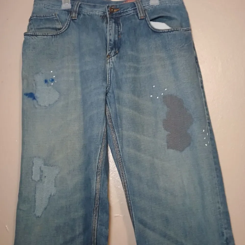 Meoshe Jeans 36x32 Baggy Wide Leg‎ Skater Y2k Grunge Embroidered Vintage Patch